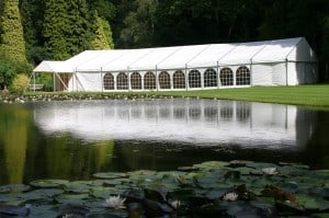Trad marquee exterior by lake
