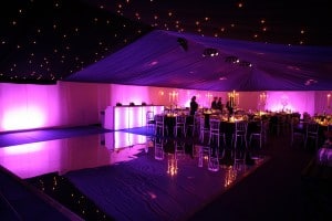 Frame Tent Interior, LED Uplights, Illuminated Bar and Mirrored Dance Floor