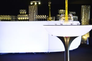 Black and white party seating in a Surrey marquee