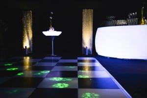 Black and white party seating in a Surrey marquee